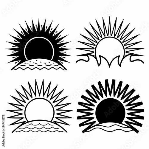 Sun rise set, sunset vector icons, sunburst rays collection