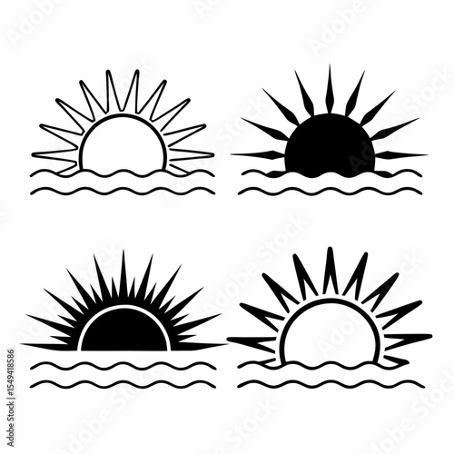 Sun rise set, sunset vector icons, sunburst rays collection