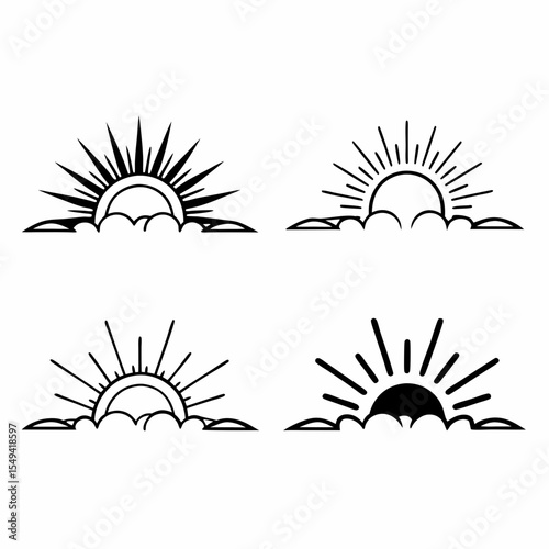 Sun rise set, sunset vector icons, sunburst rays collection