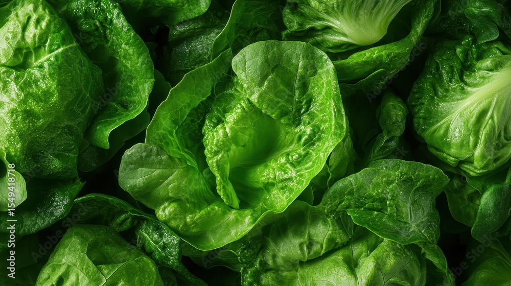 Fototapeta premium A vibrant close-up of fresh romaine lettuce leaves, showcasing their crispy texture and vibrant green color, perfect for salads or healthy meals in a culinary setting.