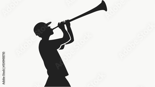 Silhouette of a man with a cap blowing a long trumpet upwards in a black and white illustration