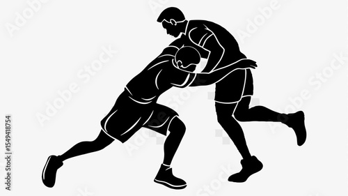 Silhouette of two wrestlers grappling in a competitive match on a white background in a dynamic pose