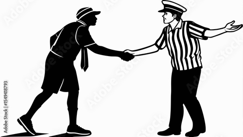 Silhouette of a boy scout shaking hands with a referee in black and white illustration style art