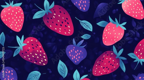 A vibrant pattern of stylized strawberries and leaves on a dark background