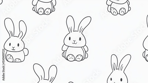 Simple black line drawing pattern of seated cartoon rabbits