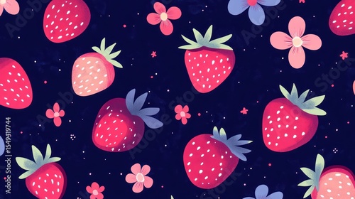 Strawberry and flower pattern on dark background (1)