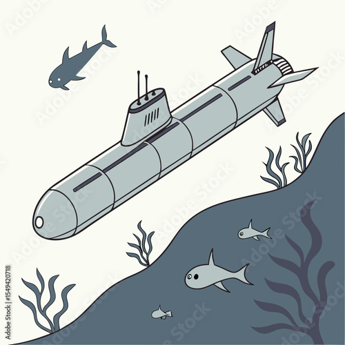 Cartoon Submarine Underwater with Fish and Seaweed Illustration
