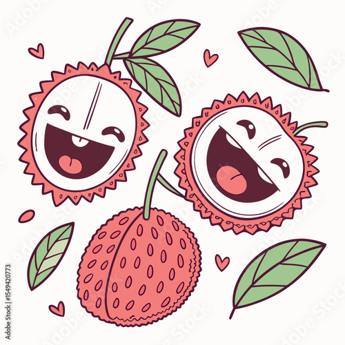 Cute Cartoon Lychee Fruits with Happy Faces and Leaves Illustration