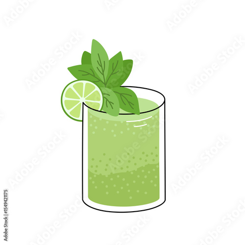 Lemonade decorated lime slice and mint leaves. Summer sparkling beverage. Refreshing drink or сocktail Mojito in glass. Flat vector illustration isolated on white background