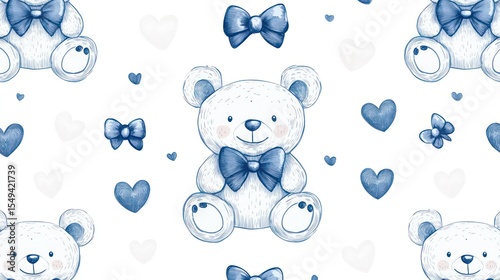 Cute blue teddy bear pattern with bows and hearts