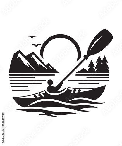 Man in Kayak Silhouette Vector On White Background.