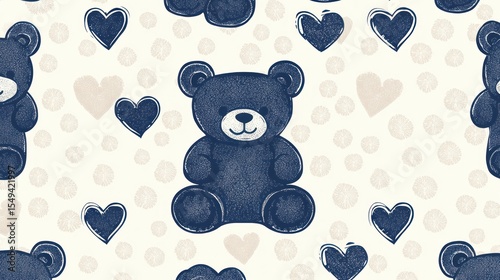 Cute teddy bear pattern with hearts and polka dots