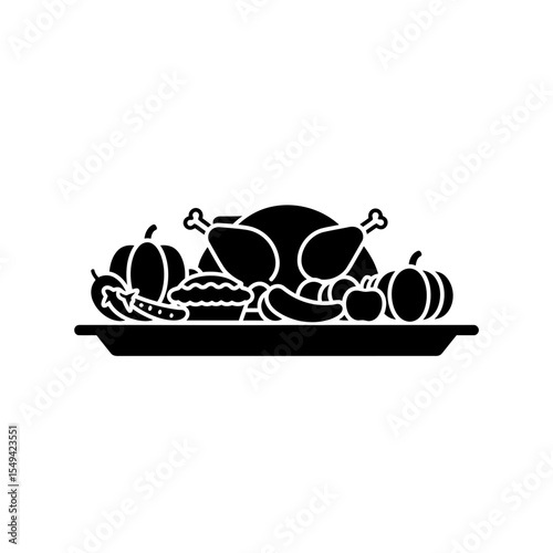 Thanksgiving dinner with turkey and autumn harvest silhouette