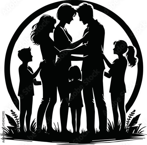 Silhouette of family group hug, father, mother, children vector style on white background