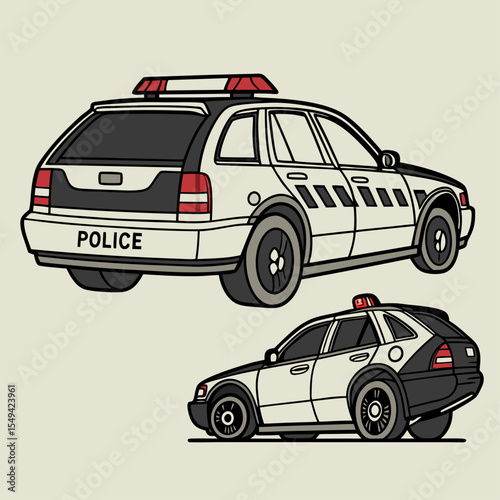 Cartoon Police Car Station Wagon Illustration in Two Different Perspectives