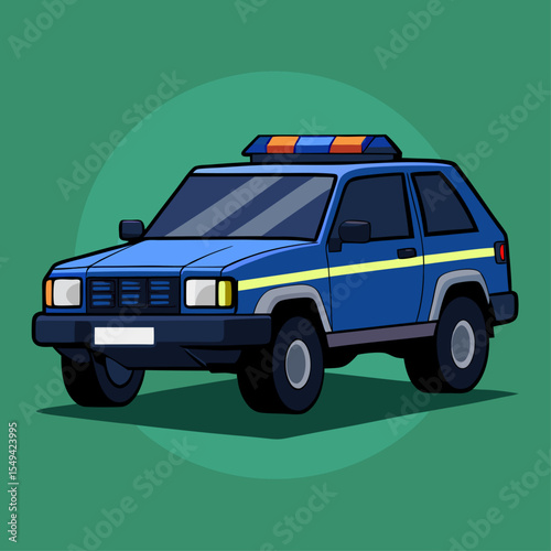 Cartoon Illustration of a Blue Police Car with Emergency Lights