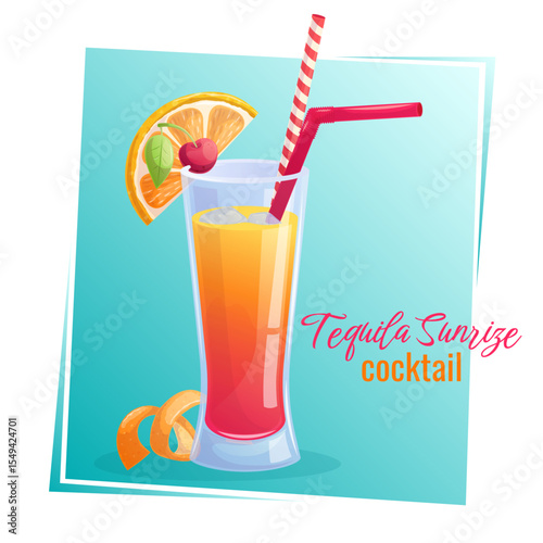 Tequila sunrise cocktail in a glass, orange slice, cherry on a blue background. The concept of a party, cocktail bar, summer. Isolated vector illustration for menu design, posters, banners, covers