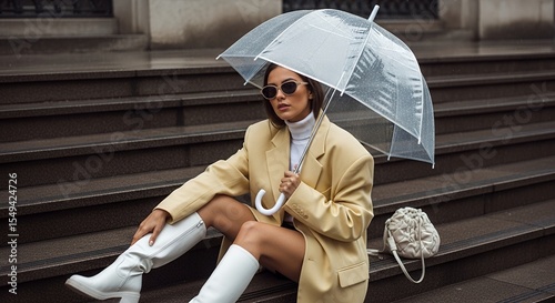 Stylish Woman in Beige Blazer with Clear Umbrella Sitting on City Stairs in Rain
