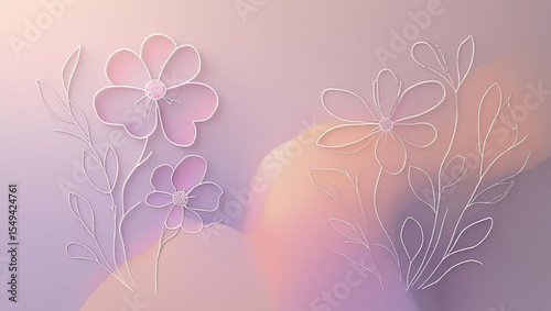 Modern pastel floral background with elegant 3D paper cut flower line art.