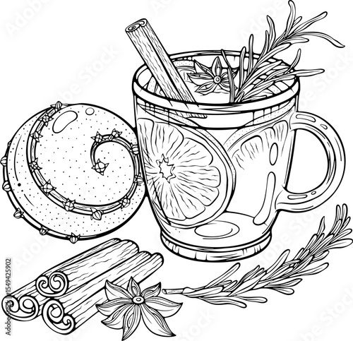 Mulled wine with orange clove pomander, cinnamon stick and rosemary. Festive cozy holiday drink composition. Vector illustration in hand drawn doodle sketch style. Line art isolated on white