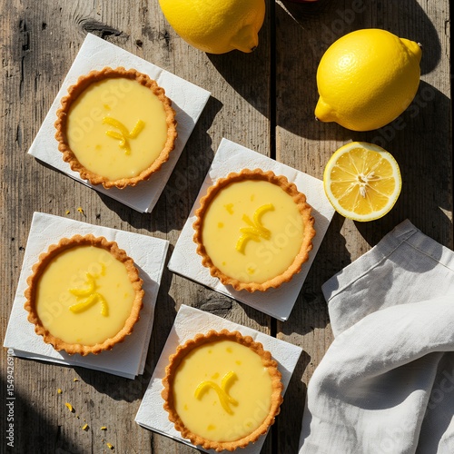 Fresh Lemon Tarts on Rustic Wooden Table in Sunlight