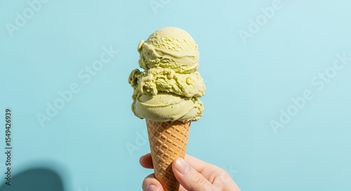 Green Ice Cream Cone Held Against Blue Background