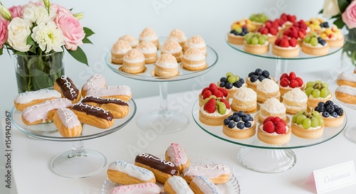 Assortment of Colorful Pastries and Tarts on Elegant Dessert Table Display