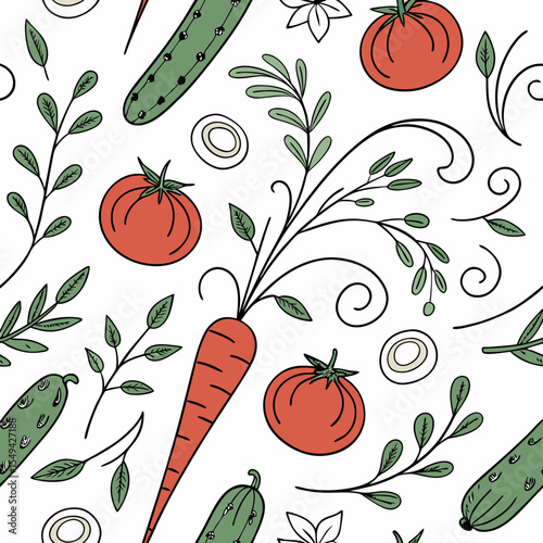 Seamless pattern with vegetables and herbs on a white background
