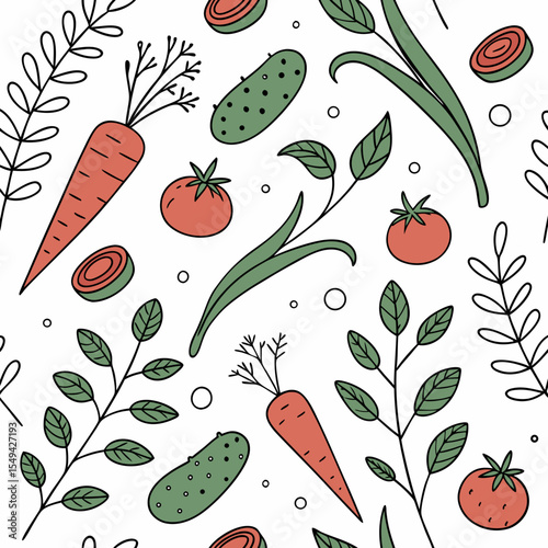 Seamless Pattern with Hand Drawn Vegetables Carrots Tomatoes Cucumbers and Greenery