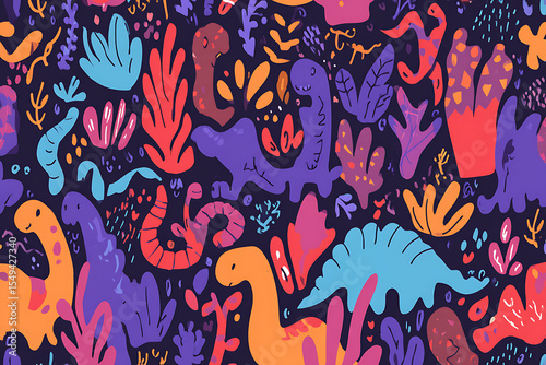 Cartoon dinosaur and plant pattern background
