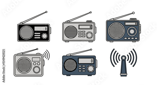 Illustration showing a collection of vintage radios with antennas and a signal tower icon design