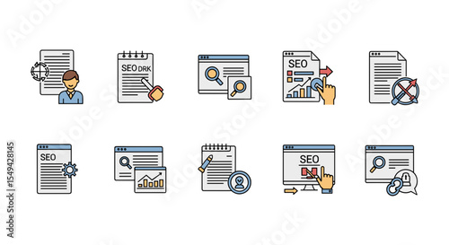 Collection of seo related icons including documents, browsers, and magnifying glasses displayed