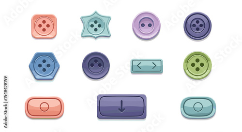 Collection of twelve assorted buttons in various shapes and colors on a white background design
