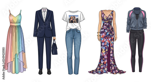 Illustrations of five different outfits including dresses, a suit, jeans, and athletic wear style clothes
