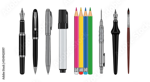 A collection of writing and drawing tools including pens pencils markers and a paintbrush on white background