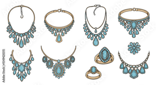 Illustration showing a collection of necklaces and rings with blue gemstones on a white background