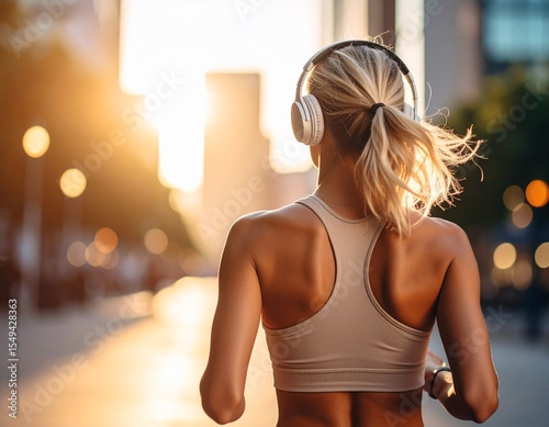 Kobieta w sportowym stroju idzie z tyłu po mieście, słuchawki, energiczny poranek