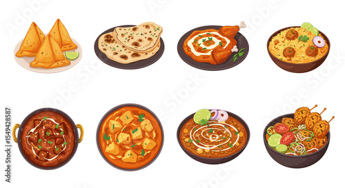 Illustration showcasing various indian dishes including samosas, naan, and an assortment of curries