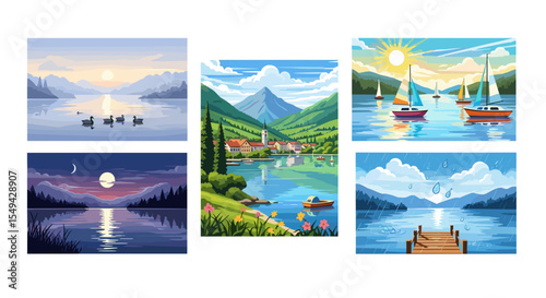 A collection of five landscape paintings depicting various scenes of lakes and mountains at different times