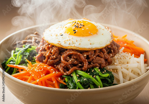 Steaming hot Bibimbap, a classic Korean mixed rice dish, served in a black bowl with a variety of colorful vegetables, marinated beef, and a fresh egg yolk on top.