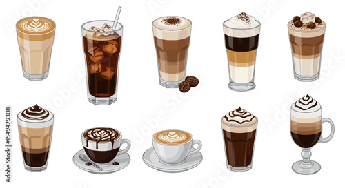 Illustrative assortment of coffee drinks featuring lattes cappuccinos and iced beverages in various glasses