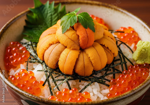 Indulgent Japanese culinary experience: A beautifully presented Uni and Ikura Don, a true delight for seafood lovers.