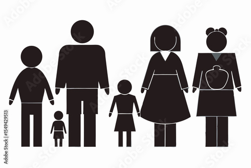 Parents and Children Silhouette Vector Art , Group of Family Members in Silhouette Style