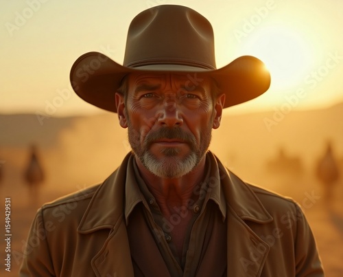 A rugged cowboy with a weathered face and a wide-brimmed hat, wearing a dusty duster coat, standing in golden hour light, cinematic lighting, ultra-realistic, 35mm film look, shallow depth of field