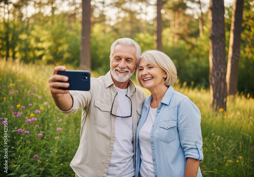 Senior travelers documenting their journey: A smiling couple taking a self-portrait against a stunning backdrop 