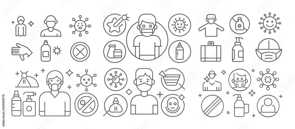 Fototapeta premium Comprehensive COVID-19 Safety and Prevention Illustrative Icons Set 