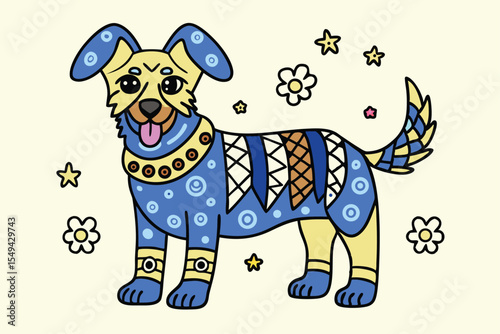 Whimsical puppy stands playfully with tongue out, adorned in colorful patterns and floral accents