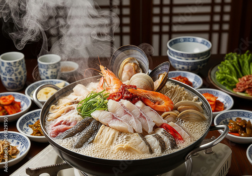 Steaming hot Korean Spicy Seafood Hot Pot (Haemul Jeongol) with an assortment of fresh seafood like shrimp, mussels, and fish, along with vegetables and mushrooms, bubbling on a portable stove.