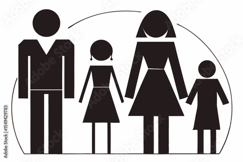 Family Silhouette Walking Together Holding Hands , Happy Family Black Silhouette on White Background