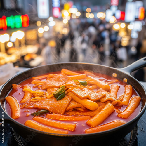 Spicy Tteokbokki, Korean rice cakes simmered in a vibrant red chili sauce with fish cakes and scallions, being cooked on a street food stall in a bustling night market